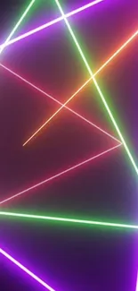 Colorful neon geometric wallpaper with intersecting lines on a dark background.