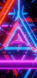 Bright neon geometric wallpaper with pink, blue, and orange triangles.