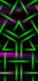 Vibrant neon geometric wallpaper with a green pattern on a dark background.