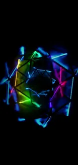 Vibrant neon geometric shapes on a black background.