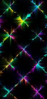 Vibrant neon geometric wallpaper with diagonal patterns on a black background.