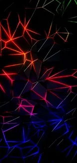 Vibrant neon geometric wallpaper with red, blue, and green lines on a dark background.