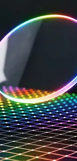 Vibrant neon circular design on a geometric grid background.