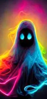 Neon ghost with colorful swirls on a dark background, visually striking design.