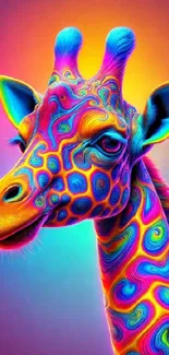 Psychedelic neon giraffe with vibrant colors and abstract design.