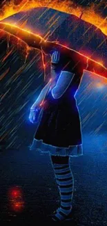 Neon-outlined girl with fiery umbrella in rain.