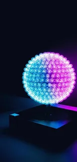 Glowing neon globe with blue and purple hues on a dark background.