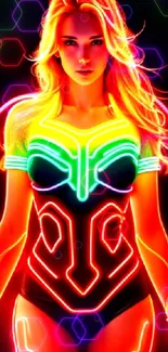 Futuristic neon woman glowing vibrantly in a colorful digital design.