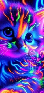 Bright neon glowing kitten with colorful fur in vivid hues.