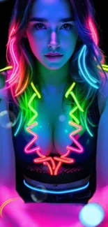 Vibrant neon portrait with glowing colors.