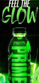 Neon green wallpaper with glowing bottle design.