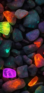 Vibrant neon stones glowing in darkness.