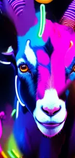 Neon goat with vibrant purple and blue hues in artistic mobile wallpaper.