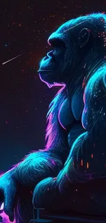 Neon gorilla sitting in front of a vibrant cityscape at night.