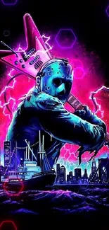 Neon horror-themed graphic with guitar and skyline.