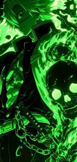 Neon anime character with green flames and skull design.