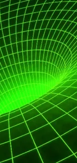 Neon green grid with a tunnel effect, futuristic design.