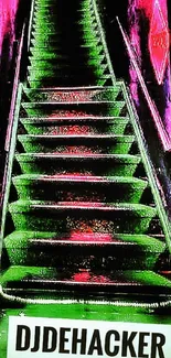 Neon green stairway with urban posters and vibrant colors.