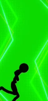 Vibrant neon green wallpaper with geometric shapes and silhouette.