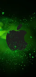 Vibrant green wallpaper with apple logo silhouette on dark background.