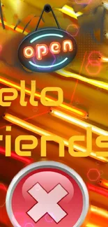 Vibrant yellow-orange neon wallpaper with 'hello friends' text.