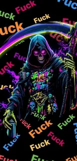 Colorful neon Grim Reaper art wallpaper with vibrant details.