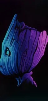 Neon illustration of Groot in blue and violet hues on a black background.