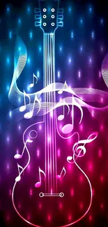 Neon guitar with musical notes design in vibrant colors on a digital wallpaper.