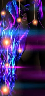 Neon glowing hair with abstract light art.