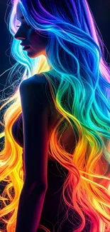Silhouette with vibrant neon rainbow hair glowing.