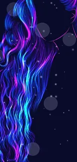 Vibrant neon hair art with glowing pink and blue strands on dark background.