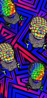 Vibrant neon heads with geometric patterns on a colorful background.