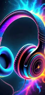 Vibrant neon headphones with colorful abstract background.