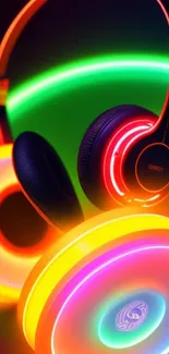 Vibrant neon headphones with glowing colors on a mobile wallpaper.