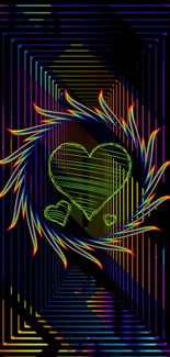 Colorful neon heart on geometric background.