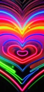 Vibrant neon heart design with colorful abstract lines.