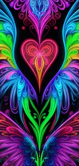 Vibrant neon heart with floral patterns, colorful abstract art.