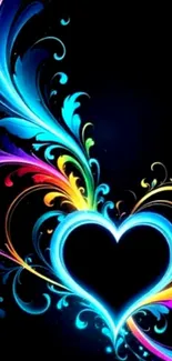 Colorful neon heart with floral swirls on black background.