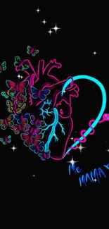 Neon artwork of a heart with butterflies on a black background.