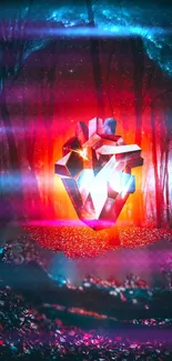 Neon heart in a vibrant, mystical forest.