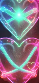 Vibrant neon heart glowing mobile wallpaper.