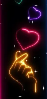 Neon hand with colorful hearts wallpaper.