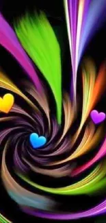 Vibrant neon swirl with colorful hearts on black background.