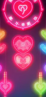 Vibrant neon heart designs in various colors glowing against a dark backdrop.