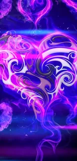 Vibrant neon heart wallpaper with abstract design in purple hues.