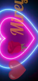 Neon heart with glowing pink and blue hues and rose design