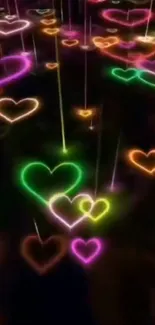 Vibrant neon hearts glowing in the dark.