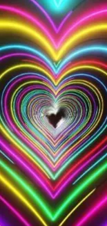 Vibrant neon heart with colorful light patterns.