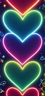 Vibrant neon hearts with glowing colors.