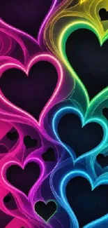 Colorful neon heart pattern mobile wallpaper.